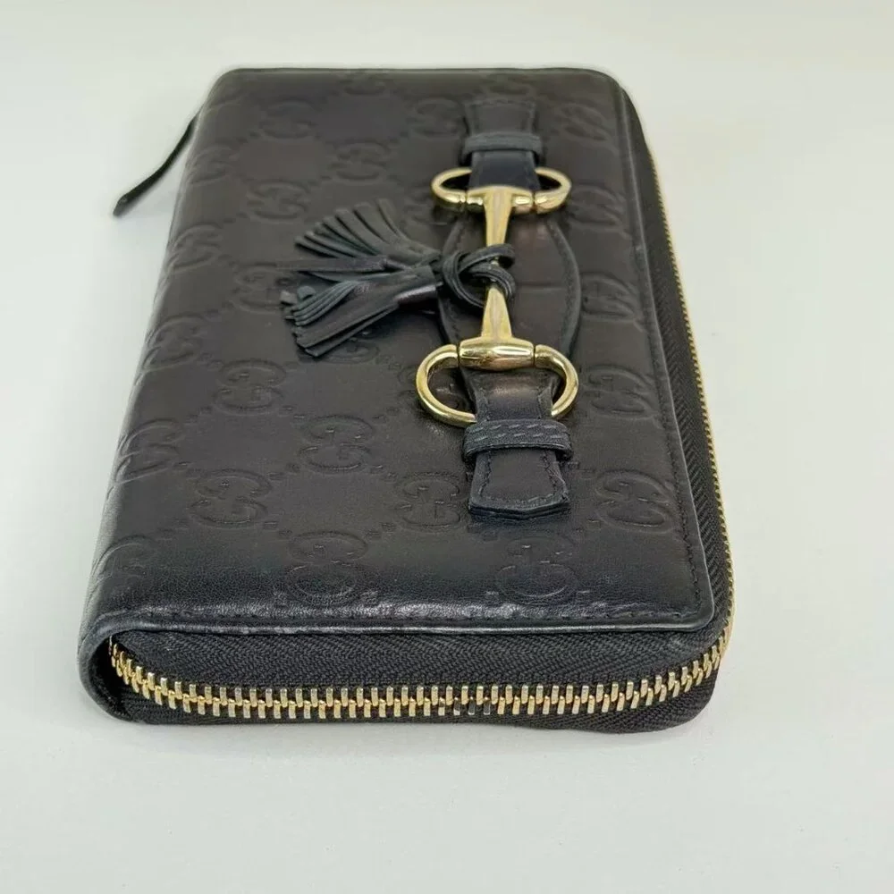 Gucci GG Logo Printed Leather Wallet Navy Blue with Gold Tone Hardware